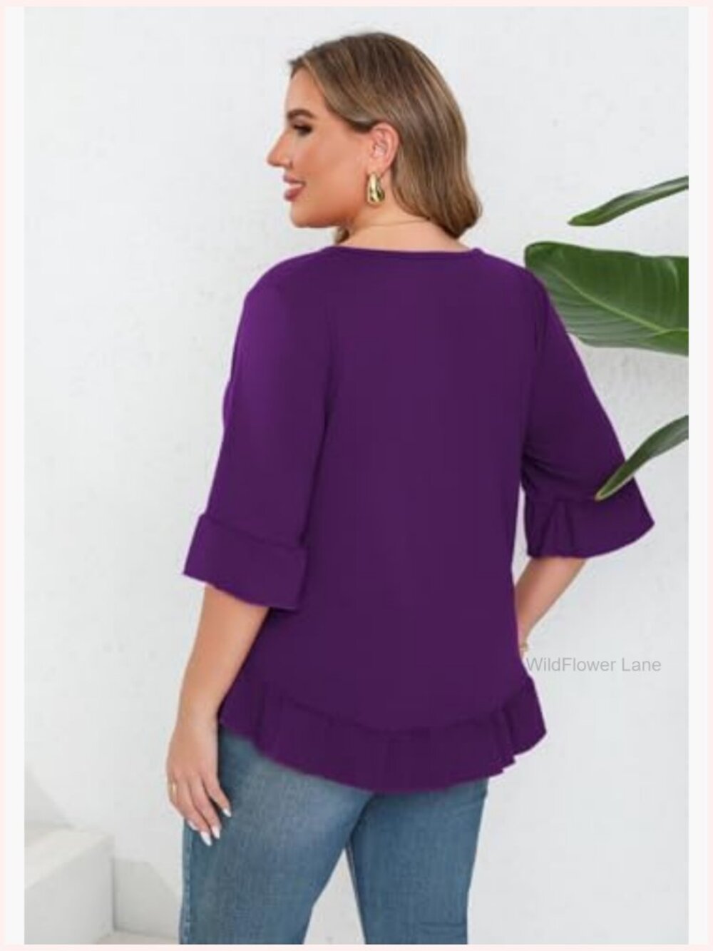 Women's Plus Size Ruffle Hem Tunic Top 3/4 Bell Sleeve Crew Neck Flowy Blouse - Picture 4 of 7